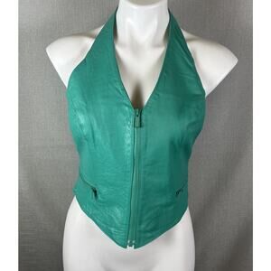 VTG Womens Green Wilsons Leather Halter Biker Vest Rare Zip Up Front Size Large